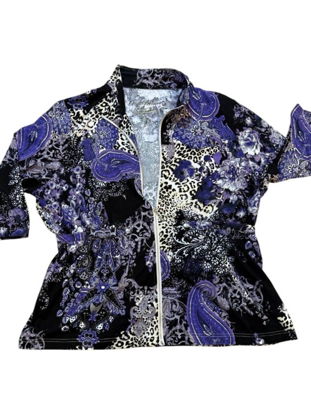 Onque Woman 2X Purple Abstract Pattern 3/4 Slv Full Zip Light Jacket & Top Set - Picture 5 of 10